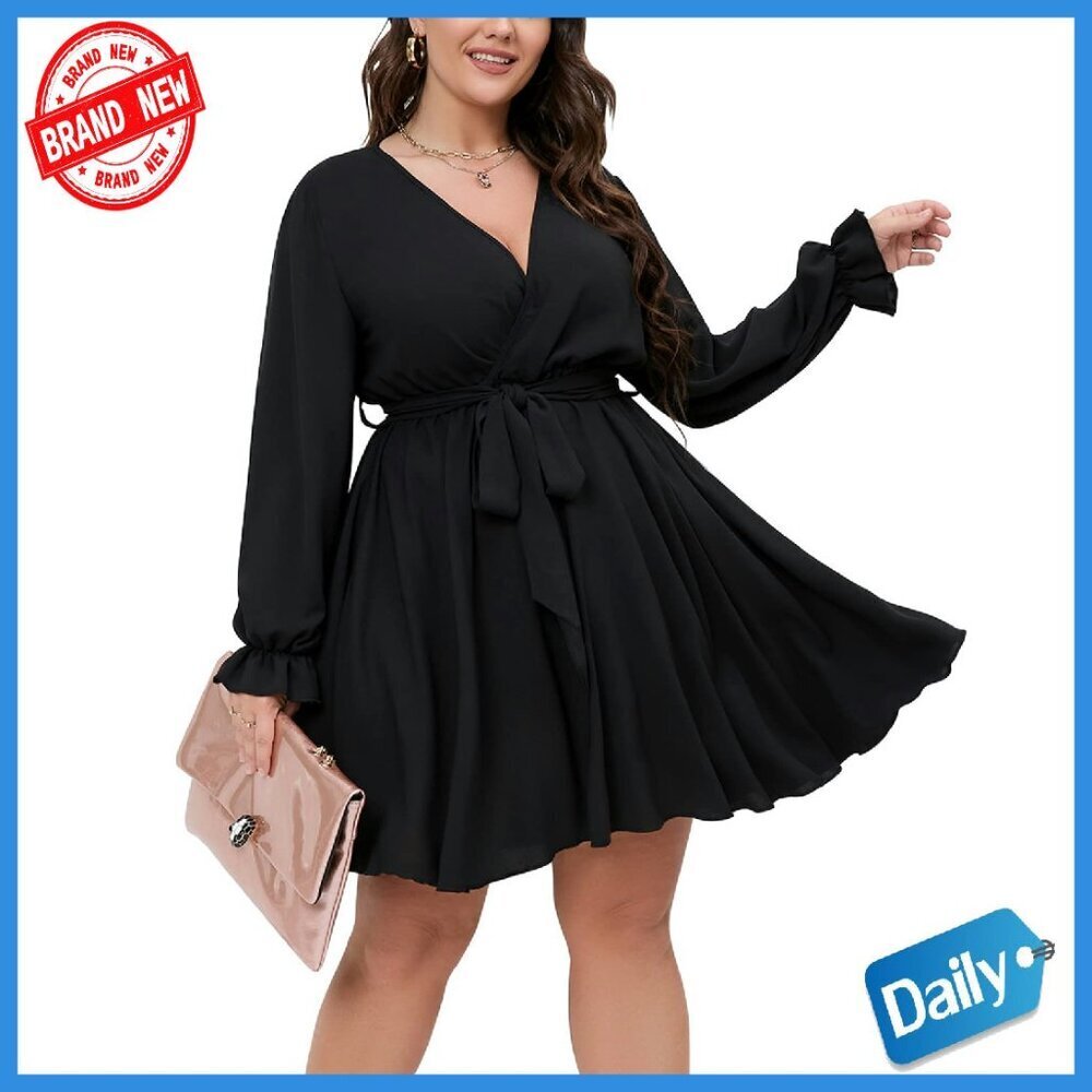 Plus Size Long Sleeve Wrap V Neck Mini Dress Flowy Polyester Spandex